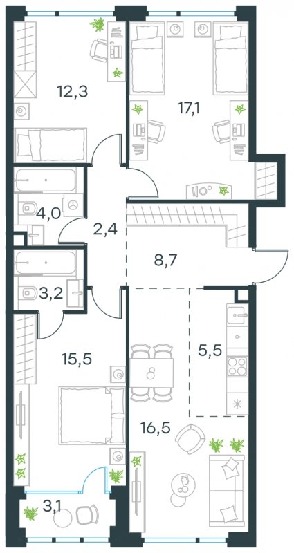 4-комнатная квартира без отделки, 86.7 м2, 12 этаж, сдача 4 квартал 2024 г., ЖК Level Мичуринский, корпус 6 - объявление 1672486 - фото №1