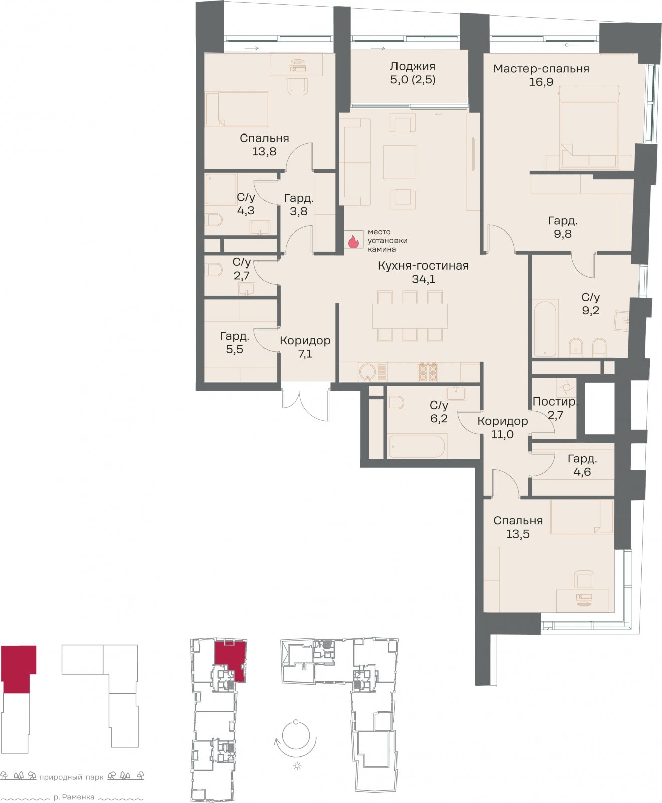 3-комнатная квартира без отделки, 147.7 м2, 11 этаж, сдача 4 квартал 2026 г., ЖК РЕКА, корпус 3 - объявление 2342423 - фото №1
