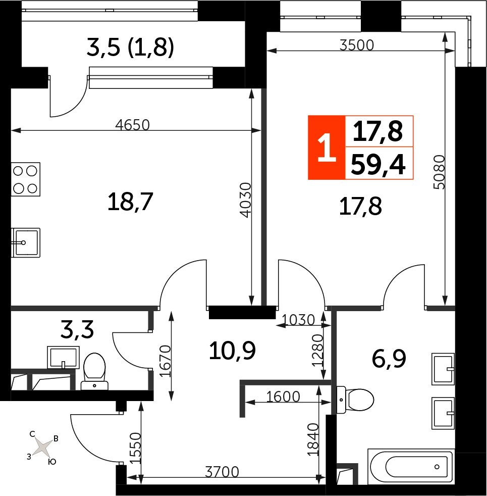 1-комнатная квартира с полной отделкой, 59.4 м2, 4 этаж, сдача 3 квартал 2024 г., ЖК Sydney City, корпус 2.1 - объявление 2207334 - фото №1