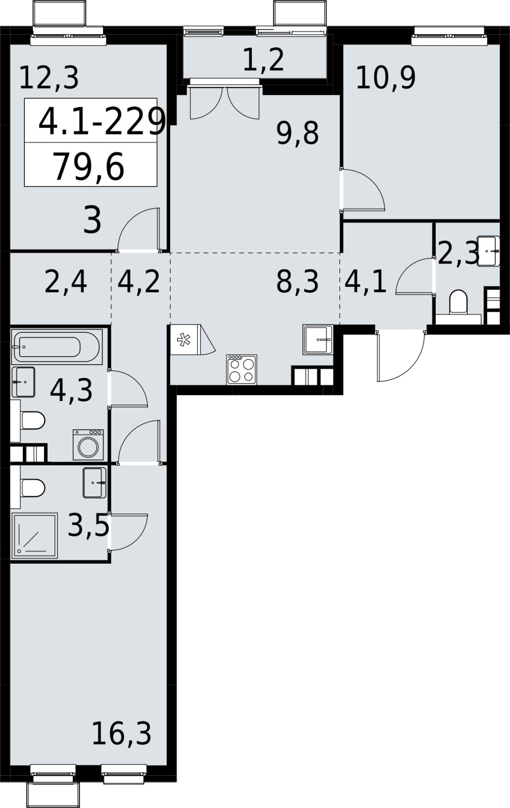 4-комнатная квартира (евро) с полной отделкой, 79.6 м2, 6 этаж, сдача 2 квартал 2027 г., ЖК Южные сады, корпус 4.1.2 - объявление 2392747 - фото №1