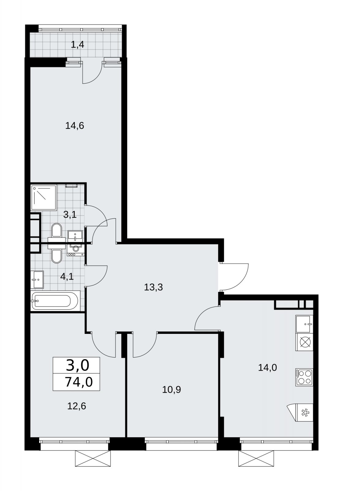 3-комнатная квартира с частичной отделкой, 74 м2, 14 этаж, сдача 2 квартал 2026 г., ЖК Прокшино, корпус 10.1.5 - объявление 2227725 - фото №1