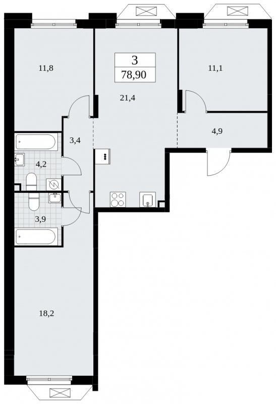 3-комнатная квартира с полной отделкой, 78.9 м2, 2 этаж, сдача 2 квартал 2025 г., ЖК Бунинские кварталы, корпус 1.2 - объявление 1834317 - фото №1