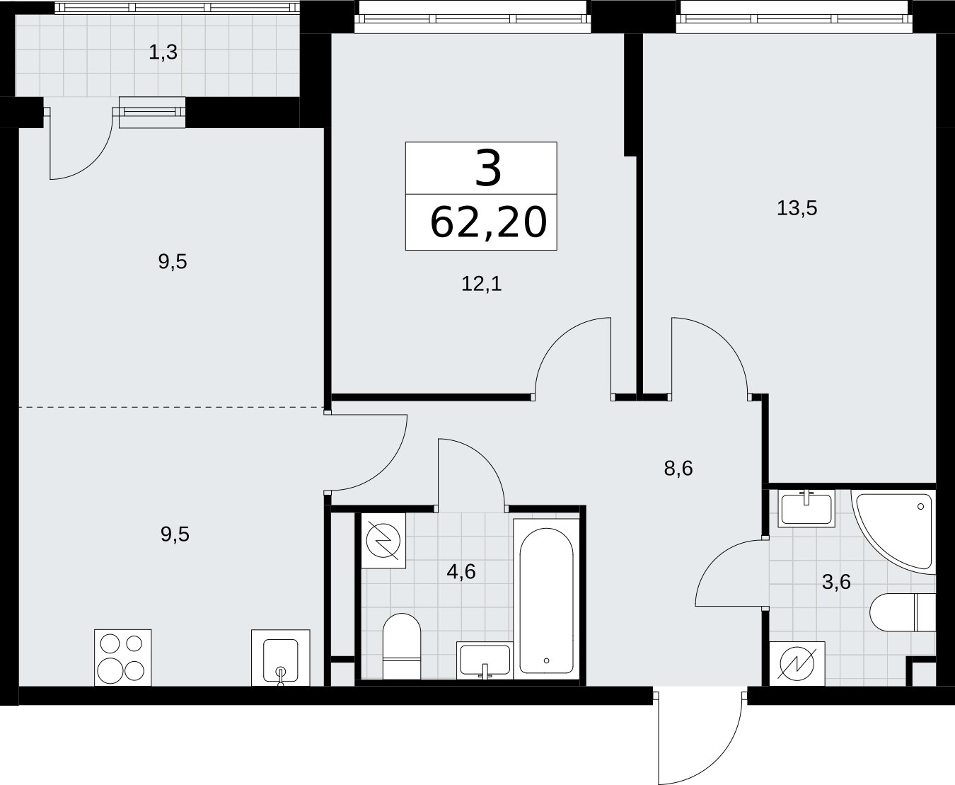 3-комнатная квартира (евро) с полной отделкой, 62.7 м2, 2 этаж, сдача 4 квартал 2026 г., ЖК Родные кварталы, корпус 1.2 - объявление 2317872 - фото №1