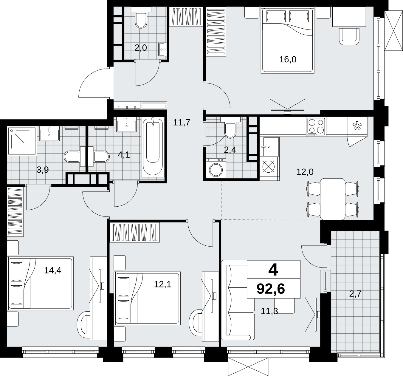 4-комнатная квартира (евро) без отделки, 92.6 м2, 16 этаж, сдача 4 квартал 2026 г., ЖК Скандинавия, корпус 2.18.2.6 - объявление 2351840 - фото №1