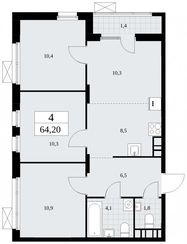 4-комнатная квартира (евро) с частичной отделкой, 64.2 м2, 7 этаж, сдача 3 квартал 2025 г., ЖК Дзен-кварталы, корпус 2.2 - объявление 1932479 - фото №1