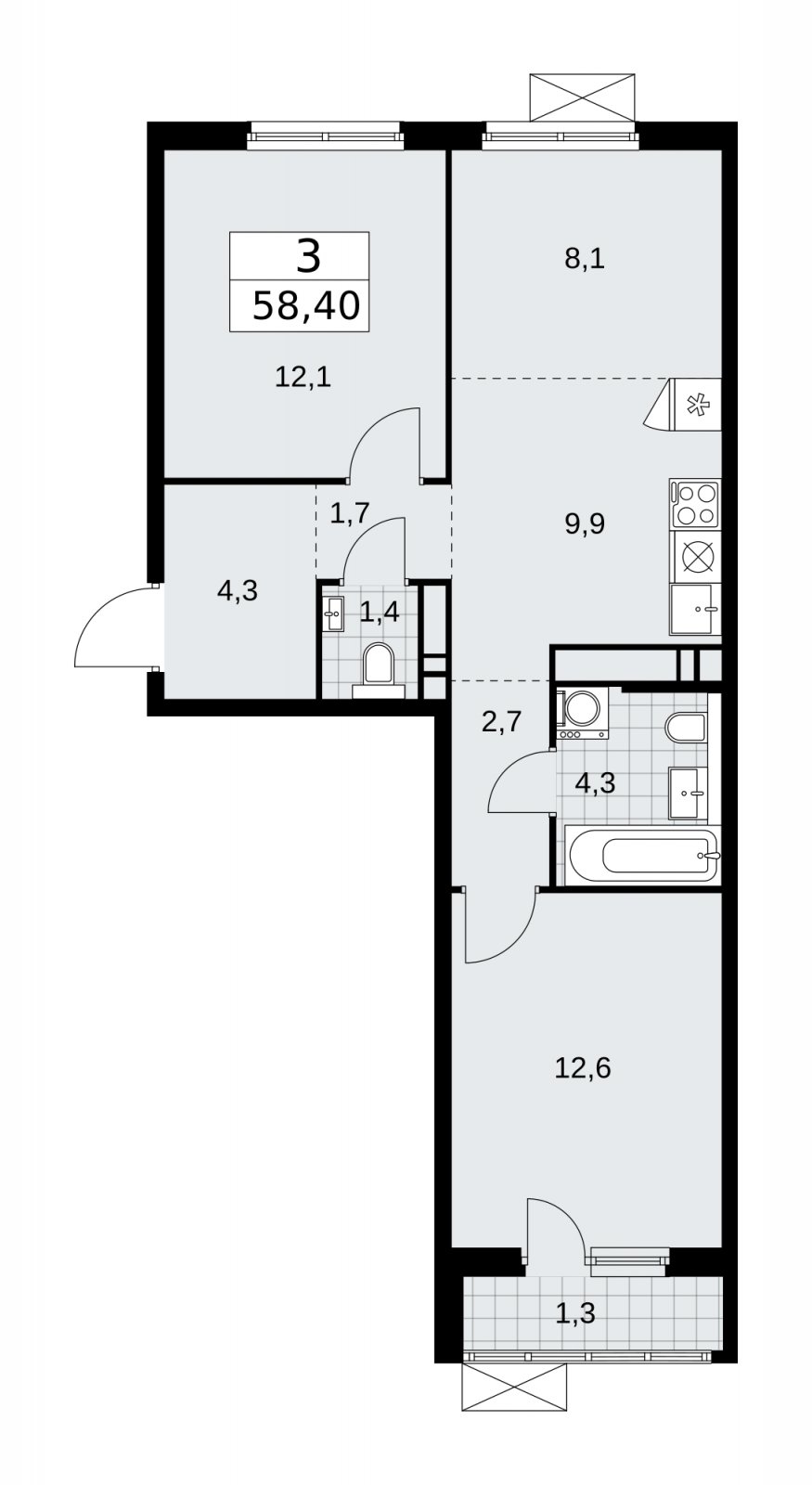 3-комнатная квартира (евро) с частичной отделкой, 58.4 м2, 16 этаж, сдача 2 квартал 2026 г., ЖК Прокшино, корпус 11.2.3 - объявление 2270254 - фото №1