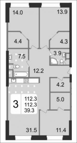 3-комнатная квартира без отделки, 112.3 м2, 14 этаж, дом сдан, ЖК Хорошевский, корпус 6 - объявление 394644 - фото №1