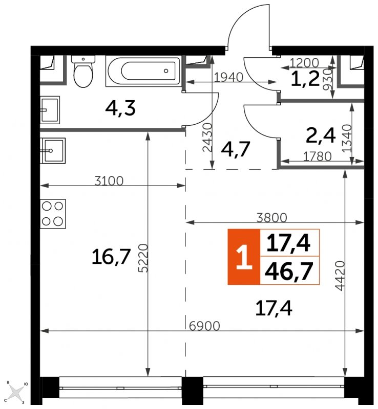 1-комнатная квартира без отделки, 46.7 м2, 40 этаж, сдача 1 квартал 2023 г., ЖК Sydney City, корпус 3 - объявление 1569027 - фото №1