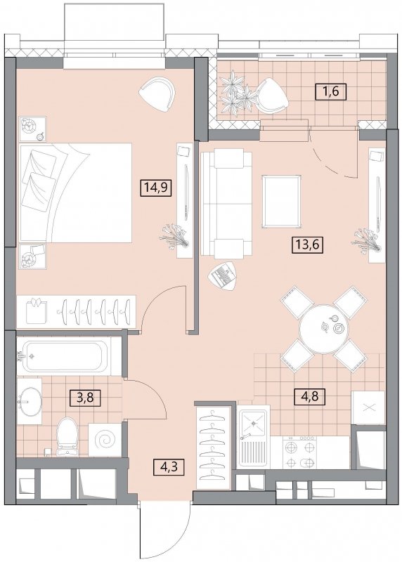 2-комнатная квартира (евро) с полной отделкой, 42.98 м2, 6 этаж, сдача 2 квартал 2022 г., ЖК Вестердам, корпус 3 - объявление 1697217 - фото №1