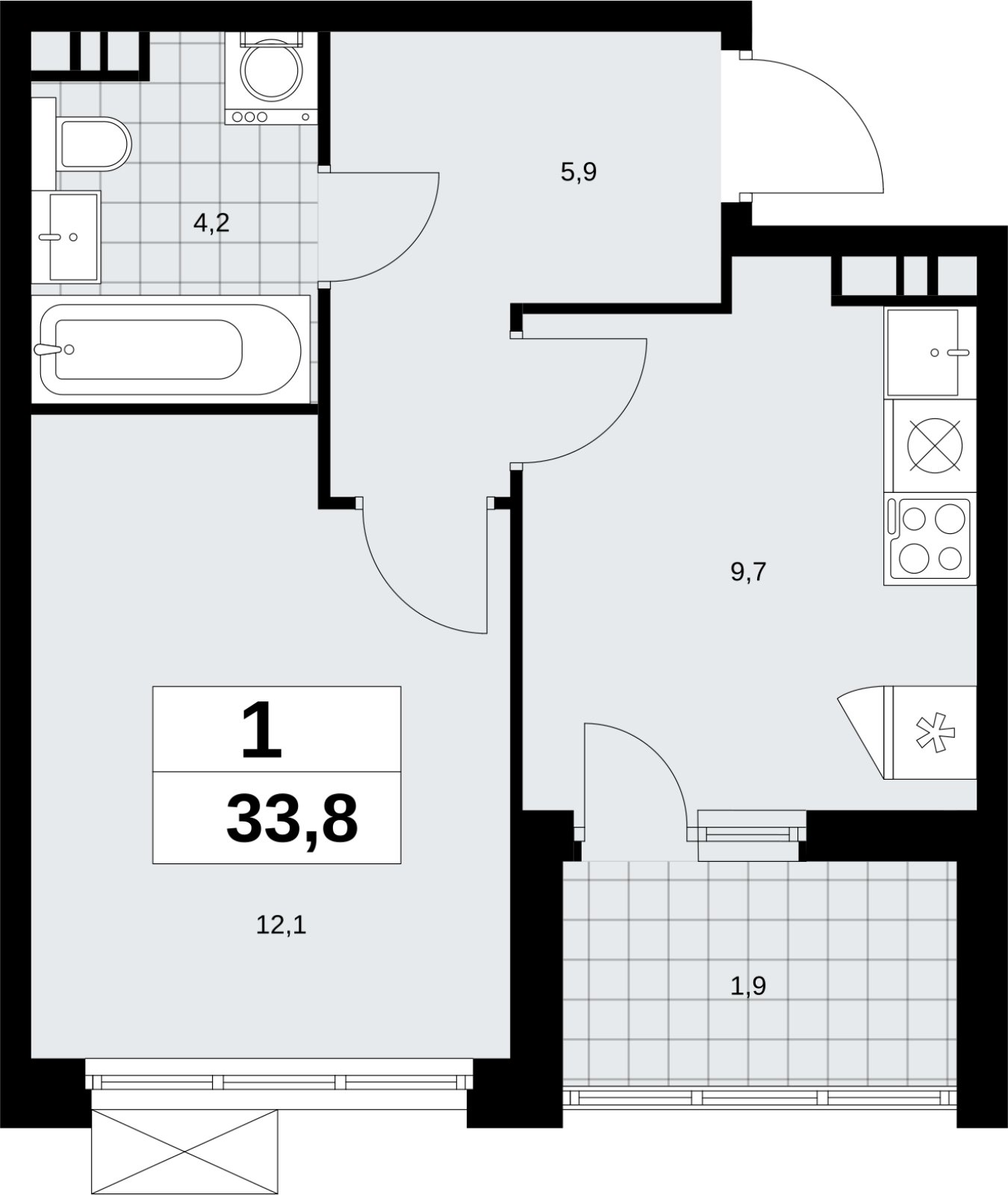 1-комнатная квартира без отделки, 33.8 м2, 9 этаж, сдача 4 квартал 2026 г., ЖК Скандинавия, корпус 2.18.1.3 - объявление 2350817 - фото №1