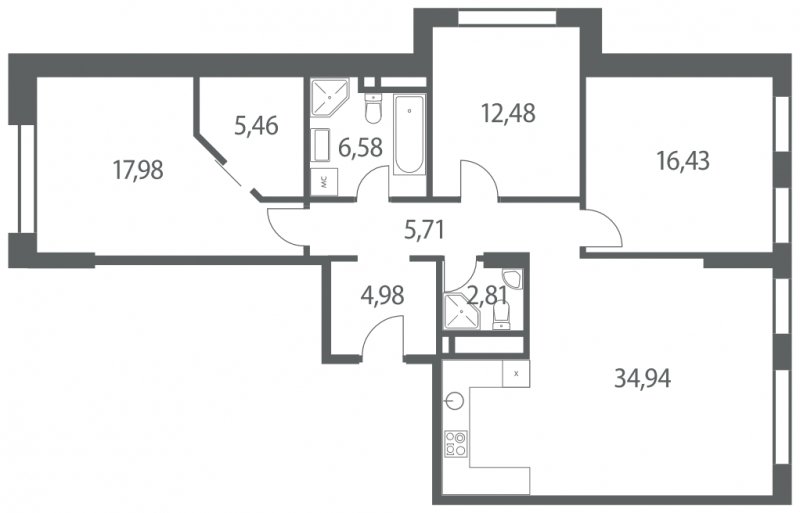 3-комнатная квартира без отделки, 107.37 м2, 6 этаж, сдача 4 квартал 2022 г., ЖК Headliner, корпус 10 - объявление 1299495 - фото №1