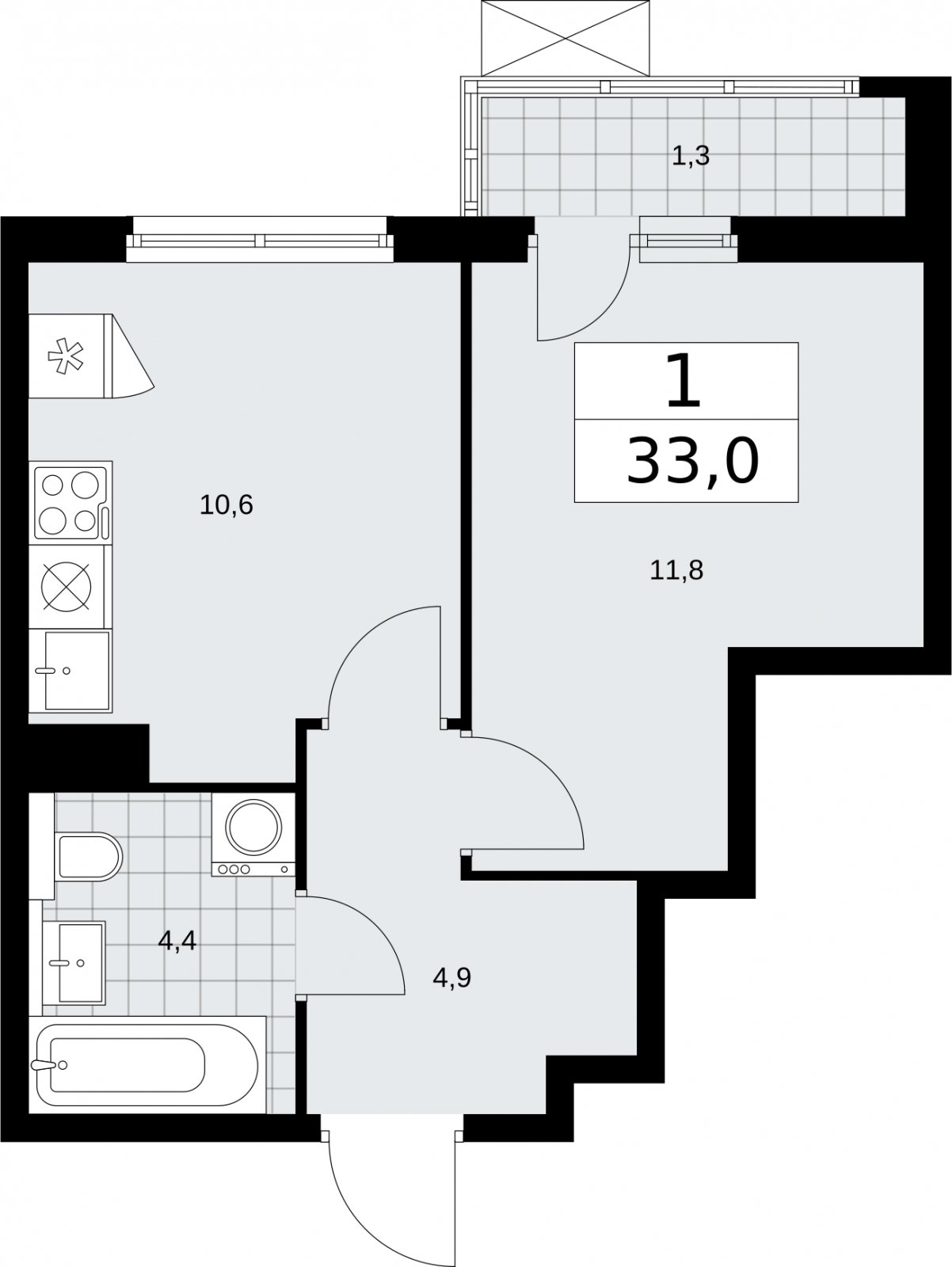 1-комнатная квартира без отделки, 33 м2, 7 этаж, сдача 2 квартал 2026 г., ЖК Бунинские кварталы, корпус 7.3 - объявление 2313675 - фото №1