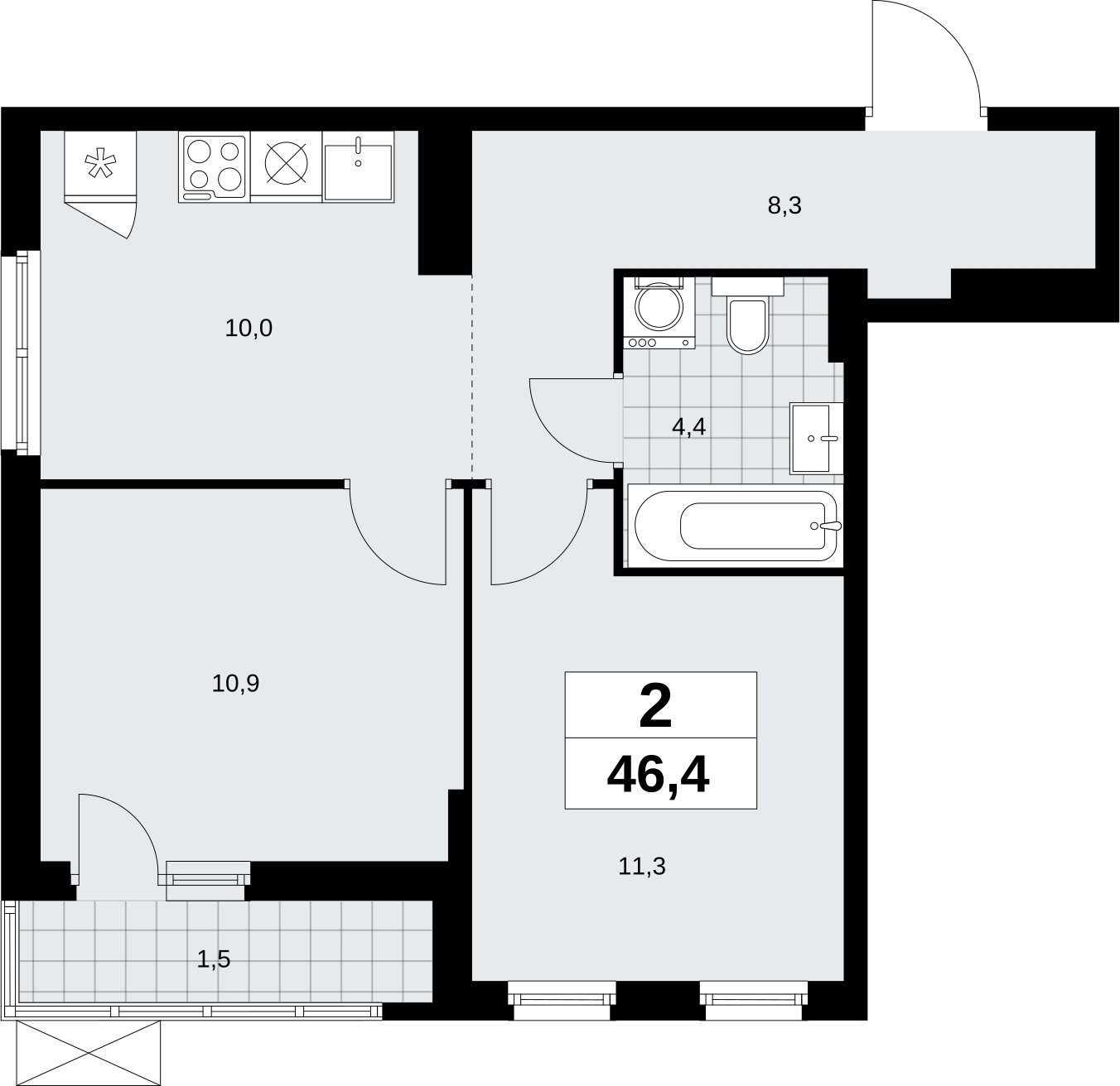 2-комнатная квартира с полной отделкой, 46.4 м2, 12 этаж, сдача 3 квартал 2026 г., ЖК Дзен-кварталы, корпус 6.1.3 - объявление 2327429 - фото №1