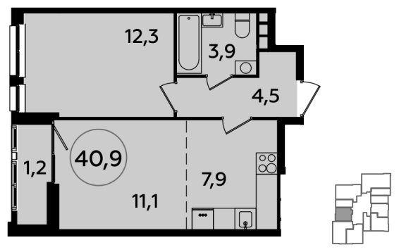 2-комнатная квартира (евро) без отделки, 40.9 м2, 21 этаж, сдача 1 квартал 2024 г., ЖК Южные сады, корпус 1.3 - объявление 1512419 - фото №1