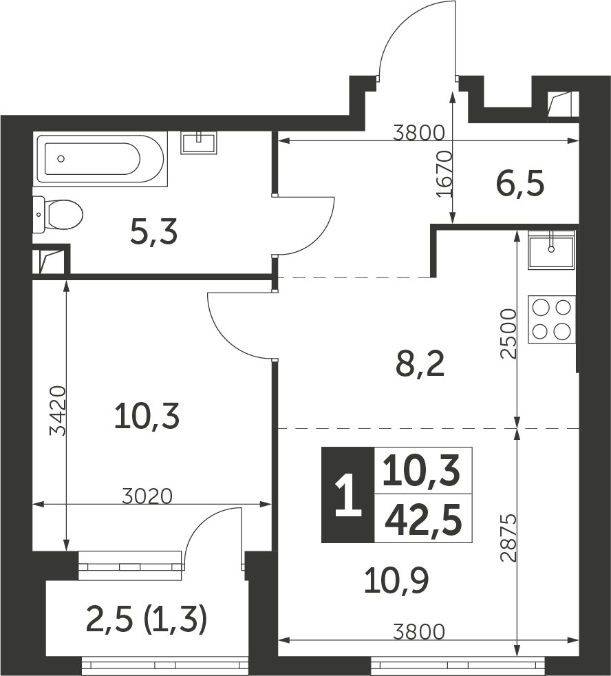 1-комнатная квартира с частичной отделкой, 42.5 м2, 13 этаж, сдача 4 квартал 2023 г., ЖК Архитектор, корпус 1 - объявление 2266948 - фото №1