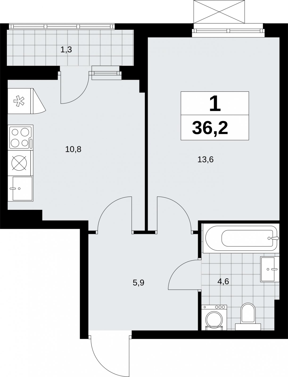 1-комнатная квартира без отделки, 36.2 м2, 5 этаж, сдача 2 квартал 2026 г., ЖК Дзен-кварталы, корпус 6.1.1 - объявление 2326960 - фото №1