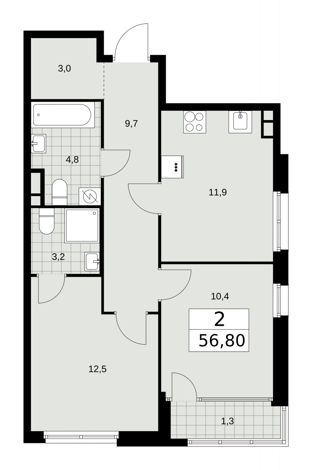 2-комнатная квартира с частичной отделкой, 56.8 м2, 5 этаж, сдача 1 квартал 2026 г., ЖК Дом на Зорге, корпус 25 - объявление 2221016 - фото №1