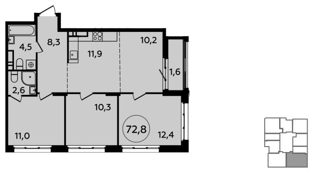 4-комнатная квартира (евро) с частичной отделкой, 72.8 м2, 9 этаж, сдача 1 квартал 2024 г., ЖК Скандинавия, корпус 23.2 - объявление 1514673 - фото №1