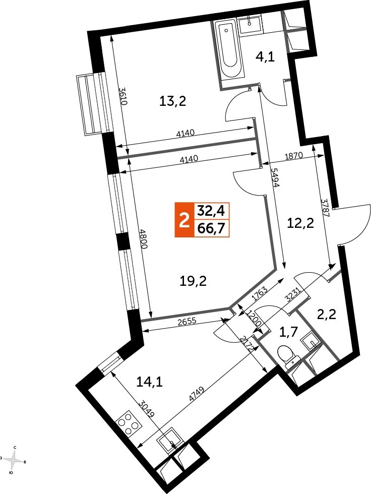 2-комнатная квартира без отделки, 66.7 м2, 10 этаж, дом сдан, ЖК UP-квартал Римский, корпус 7 - объявление 2266454 - фото №1
