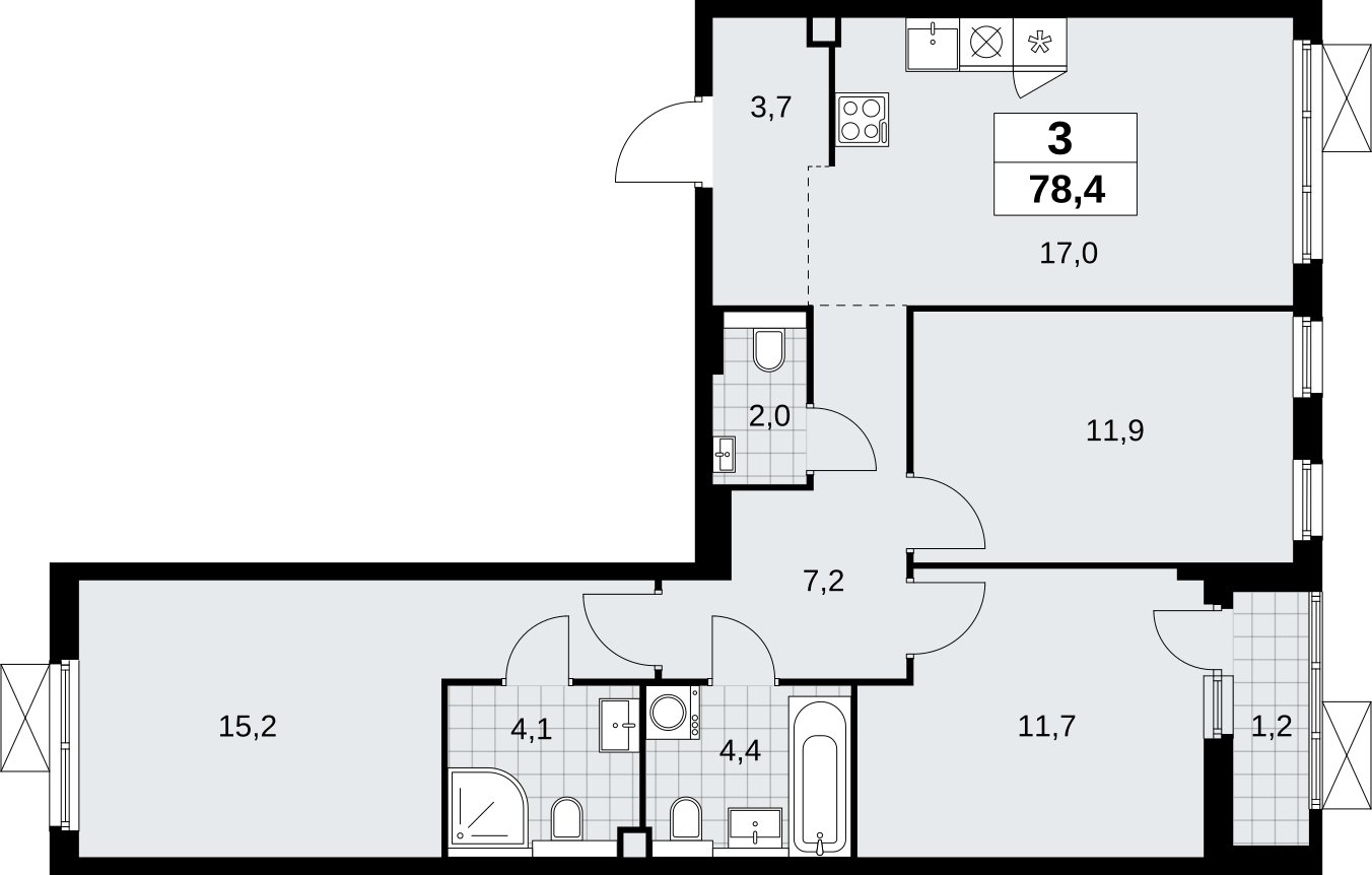 3-комнатная квартира без отделки, 78.4 м2, 2 этаж, сдача 2 квартал 2026 г., ЖК Бунинские кварталы, корпус 9.1 - объявление 2323890 - фото №1
