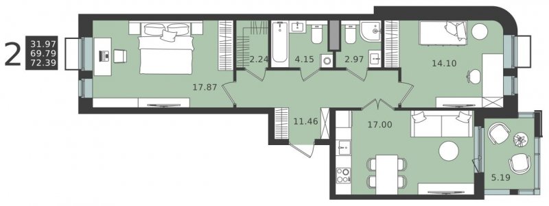 2-комнатная квартира без отделки, 72.39 м2, 2 этаж, сдача 1 квартал 2024 г., ЖК Мишино-2, корпус 6 - объявление 1949096 - фото №1