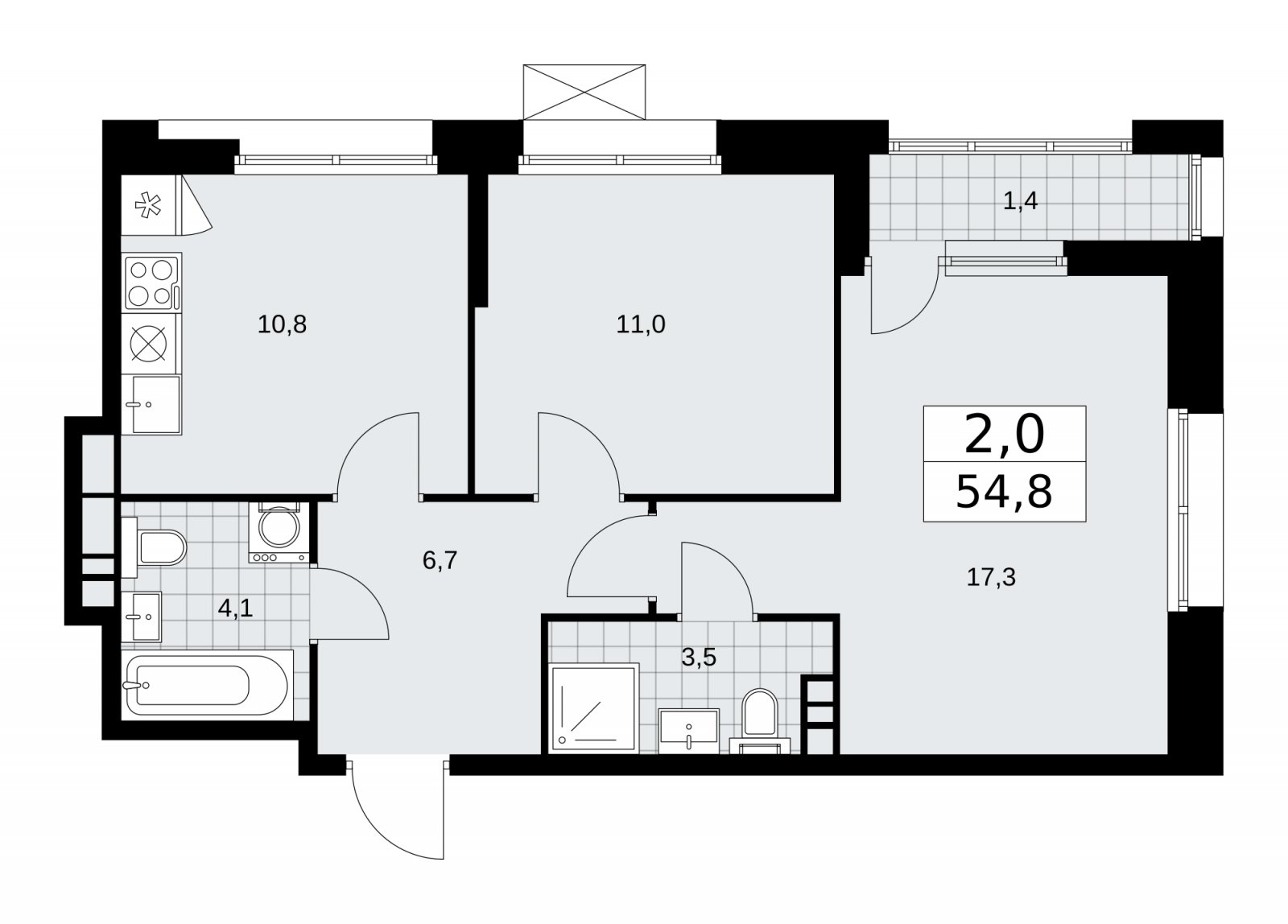 2-комнатная квартира с частичной отделкой, 54.8 м2, 4 этаж, сдача 1 квартал 2026 г., ЖК Бунинские кварталы, корпус 6.3 - объявление 2252647 - фото №1