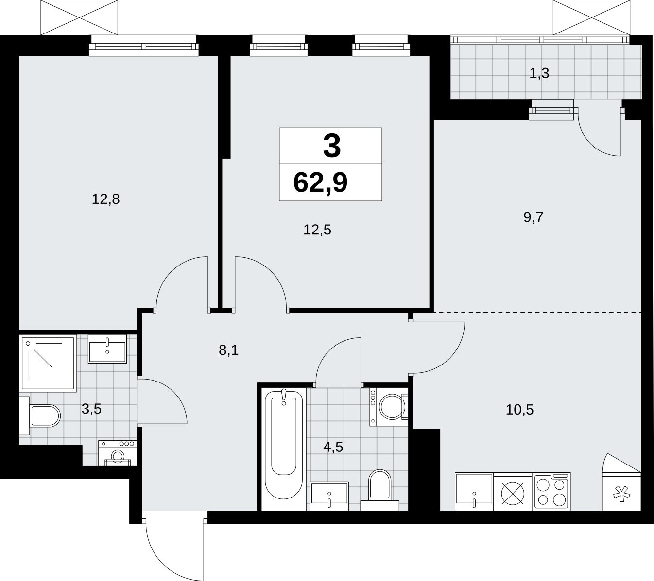 3-комнатная квартира (евро) без отделки, 62.9 м2, 11 этаж, сдача 2 квартал 2026 г., ЖК Дзен-кварталы, корпус 6.1.1 - объявление 2327125 - фото №1