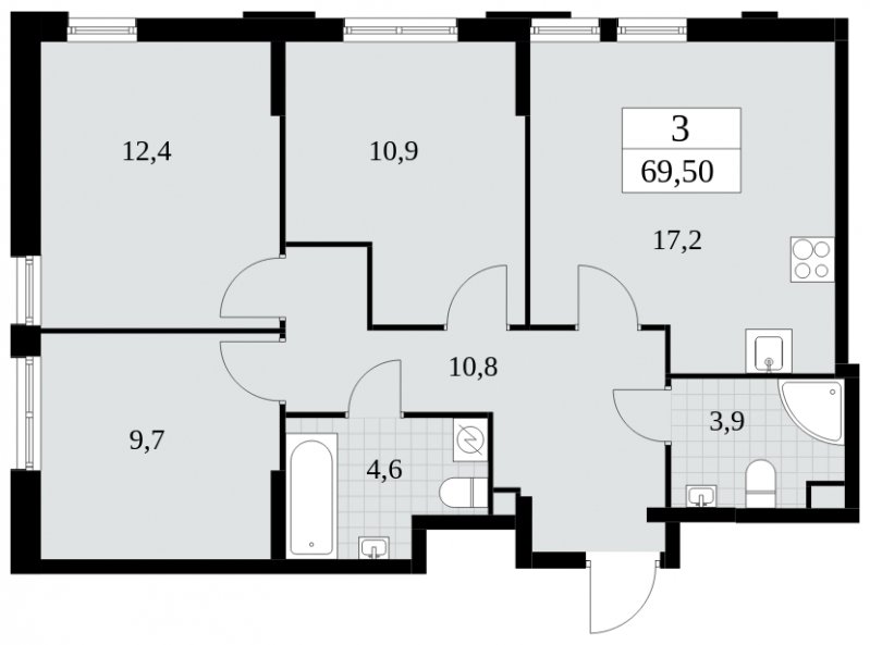 3-комнатная квартира с частичной отделкой, 69.5 м2, 2 этаж, сдача 2 квартал 2025 г., ЖК Южные сады, корпус 2.1 - объявление 1760092 - фото №1