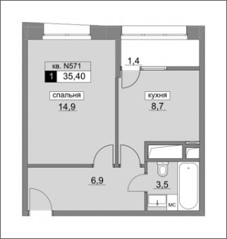 1-комнатная квартира без отделки, 35.7 м2, 12 этаж, дом сдан, ЖК Румянцево-Парк, корпус 3 - объявление 1933341 - фото №1