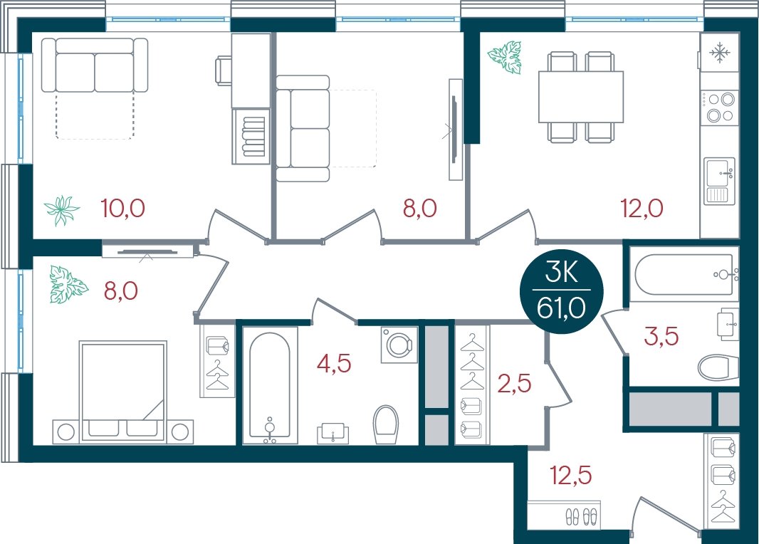 3-комнатная квартира без отделки, 61 м2, 20 этаж, дом сдан, ЖК РУСИЧ Новые Котельники, корпус 3 - объявление 2433705 - фото №1