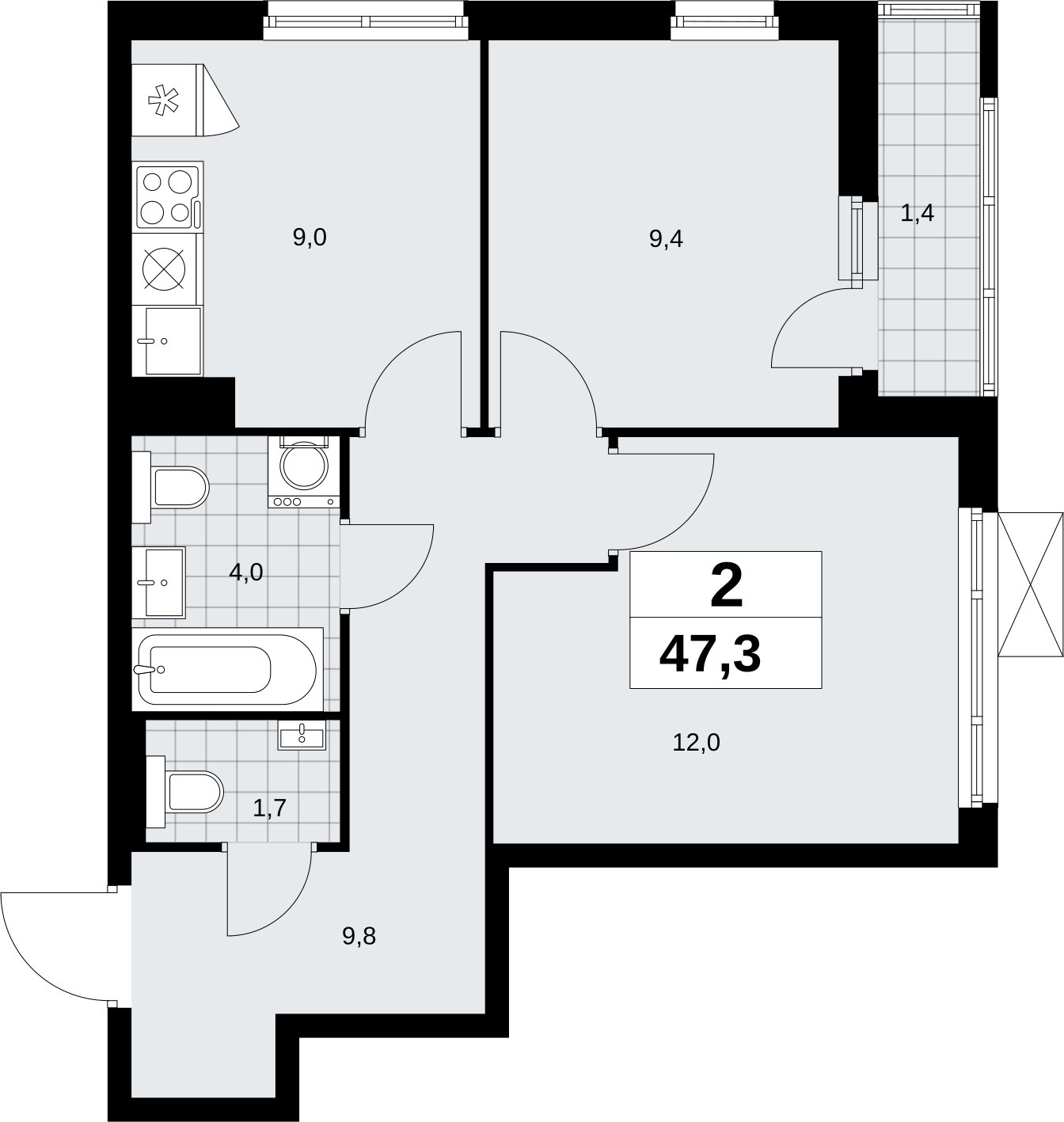 2-комнатная квартира без отделки, 47.3 м2, 4 этаж, сдача 2 квартал 2026 г., ЖК Дзен-кварталы, корпус 6.1.1 - объявление 2327038 - фото №1