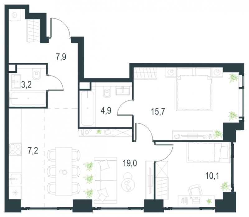 3-комнатная квартира без отделки, 68 м2, 20 этаж, сдача 2 квартал 2025 г., ЖК Level Мичуринский, корпус 1 - объявление 1795801 - фото №1