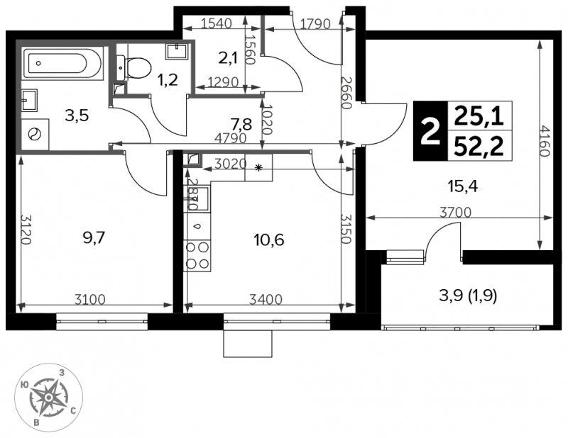 2-комнатная квартира с частичной отделкой, 52.2 м2, 4 этаж, сдача 3 квартал 2023 г., ЖК Южная Битца, корпус 11 - объявление 1651857 - фото №1