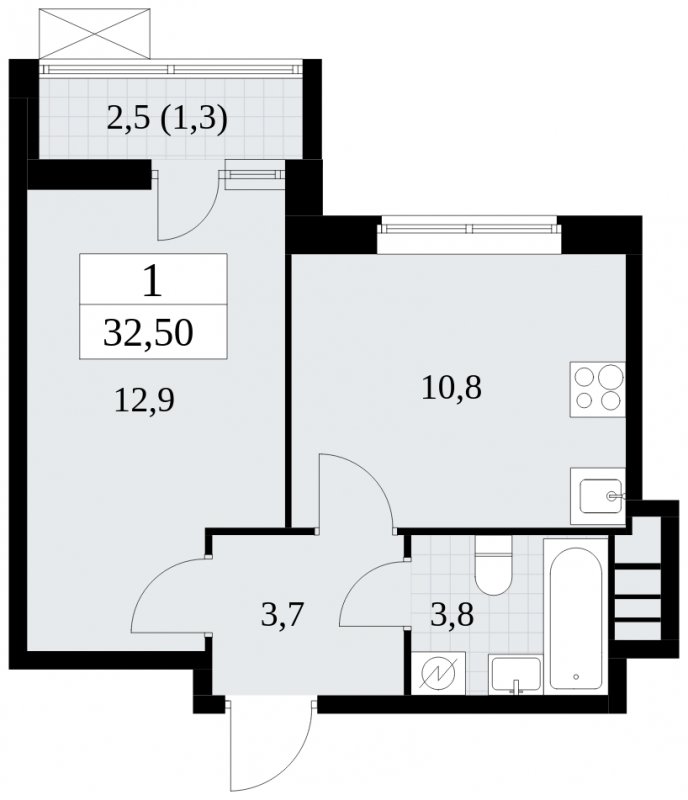 1-комнатная квартира без отделки, 32.5 м2, 15 этаж, сдача 1 квартал 2025 г., ЖК Прокшино, корпус 5.2.5 - объявление 1900957 - фото №1