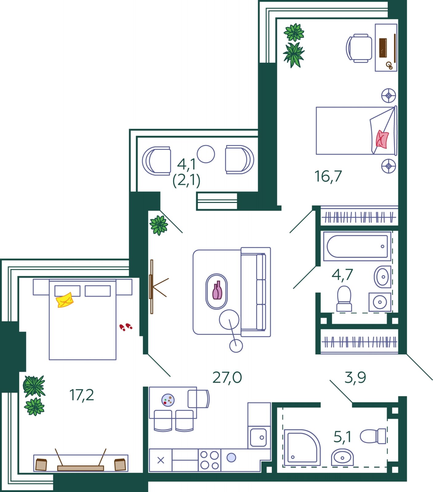 2-комнатная квартира без отделки, 76.7 м2, 15 этаж, сдача 1 квартал 2024 г., ЖК SHAGAL, корпус 1.5 - объявление 2248973 - фото №1