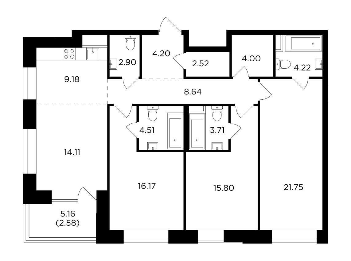 4-комнатная квартира без отделки, 114.29 м2, 14 этаж, дом сдан, ЖК FORIVER, корпус 6 - объявление 2235707 - фото №1