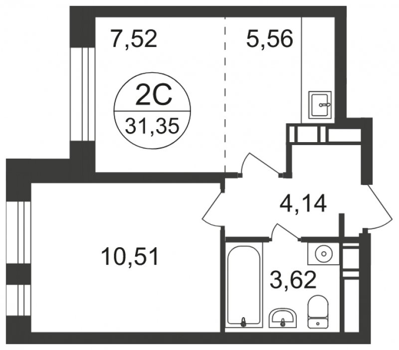 2-комнатная квартира с полной отделкой, 31.35 м2, 12 этаж, сдача 3 квартал 2023 г., ЖК Люберцы, корпус 66 - объявление 1682277 - фото №1