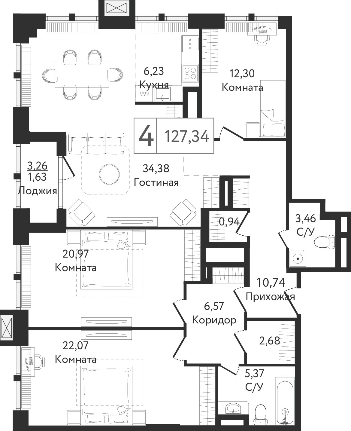 4-комнатная квартира (евро) без отделки, 127.34 м2, 22 этаж, сдача 3 квартал 2023 г., ЖК Dream Towers, корпус 1 - объявление 1801121 - фото №1