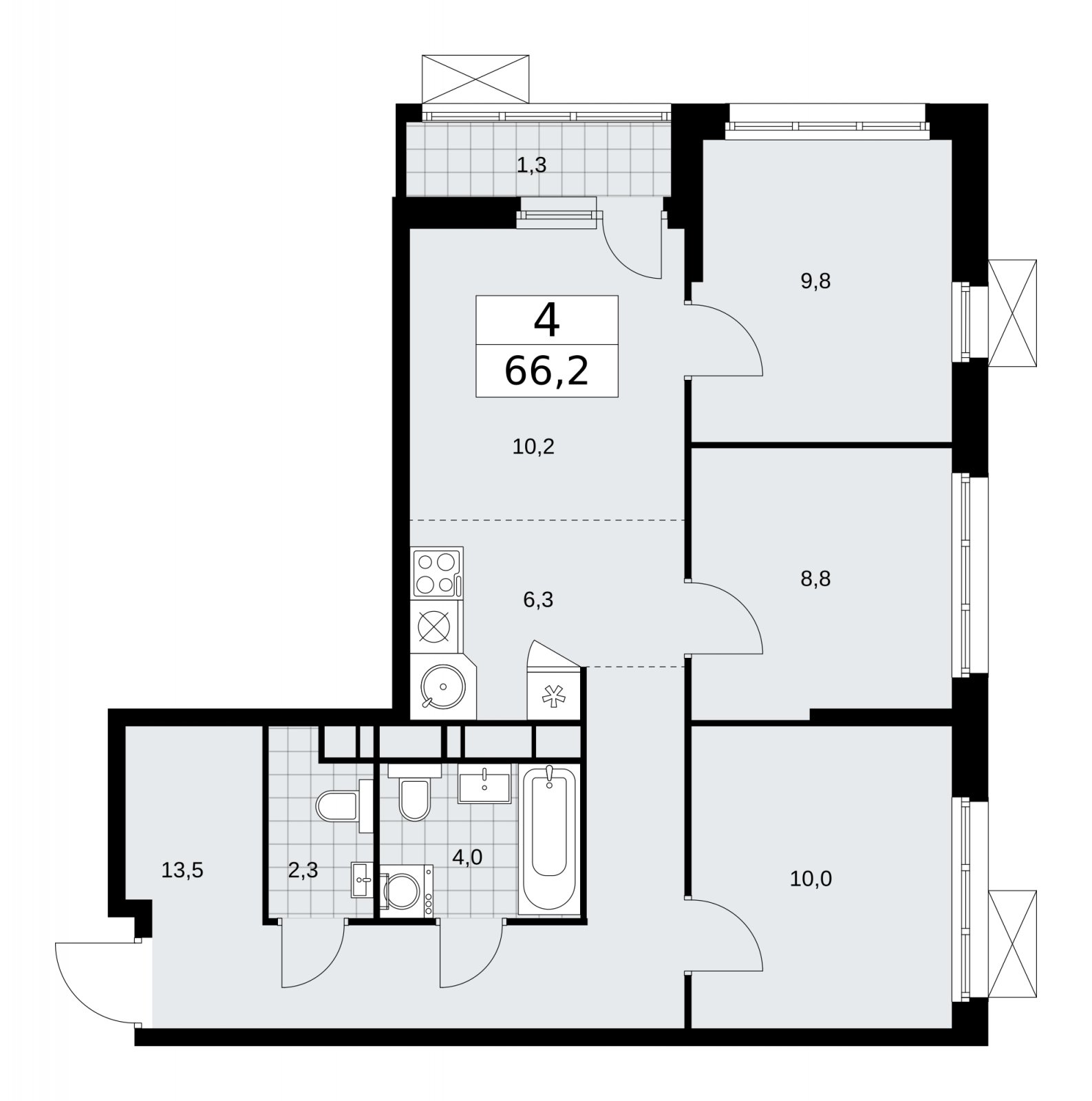 4-комнатная квартира (евро) без отделки, 66.2 м2, 8 этаж, сдача 1 квартал 2026 г., ЖК Скандинавия, корпус 37.2.1 - объявление 2254330 - фото №1