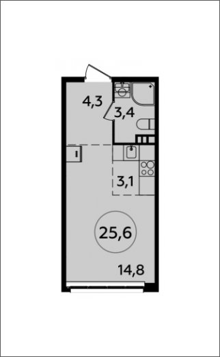 Студия с частичной отделкой, 25.6 м2, 3 этаж, сдача 2 квартал 2024 г., ЖК Южные сады, корпус 1.5 - объявление 1755941 - фото №1