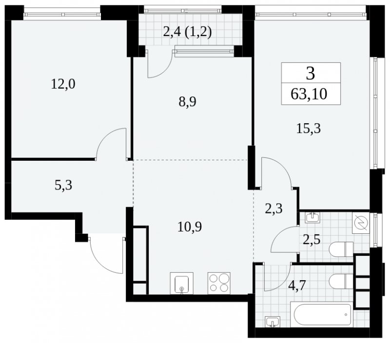 3-комнатная квартира (евро) с полной отделкой, 63.1 м2, 30 этаж, сдача 2 квартал 2025 г., ЖК Южные сады, корпус 2.1 - объявление 1760083 - фото №1