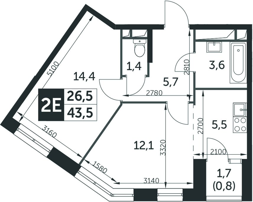 2-комнатная квартира без отделки, 43.5 м2, 7 этаж, дом сдан, ЖК Датский квартал, корпус 4 - объявление 2348269 - фото №1