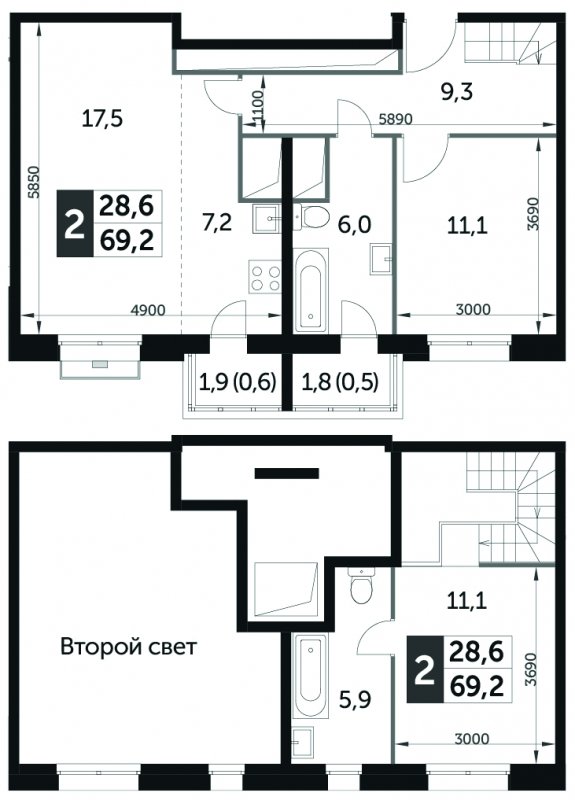 2-комнатная квартира без отделки, 68.6 м2, 17 этаж, дом сдан, ЖК Датский квартал, корпус 3 - объявление 1588307 - фото №1