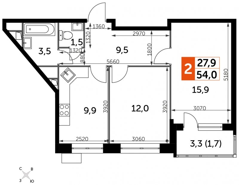 2-комнатная квартира без отделки, 54 м2, 12 этаж, сдача 4 квартал 2023 г., ЖК Датский квартал, корпус 2 - объявление 1695672 - фото №1