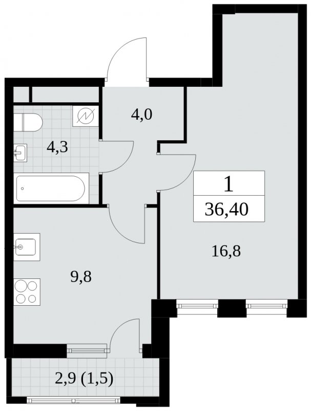 1-комнатная квартира с частичной отделкой, 36.4 м2, 10 этаж, сдача 2 квартал 2025 г., ЖК Южные сады, корпус 2.1 - объявление 1760135 - фото №1