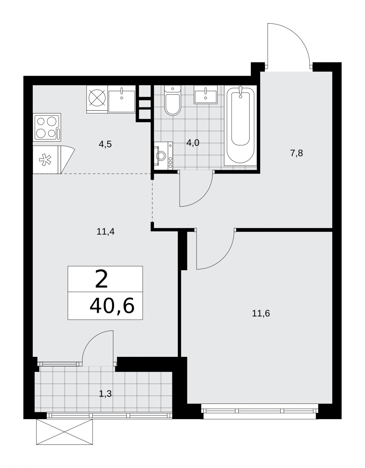 2-комнатная квартира (евро) без отделки, 40.6 м2, 3 этаж, сдача 1 квартал 2026 г., ЖК Деснаречье, корпус 4.1 - объявление 2263444 - фото №1