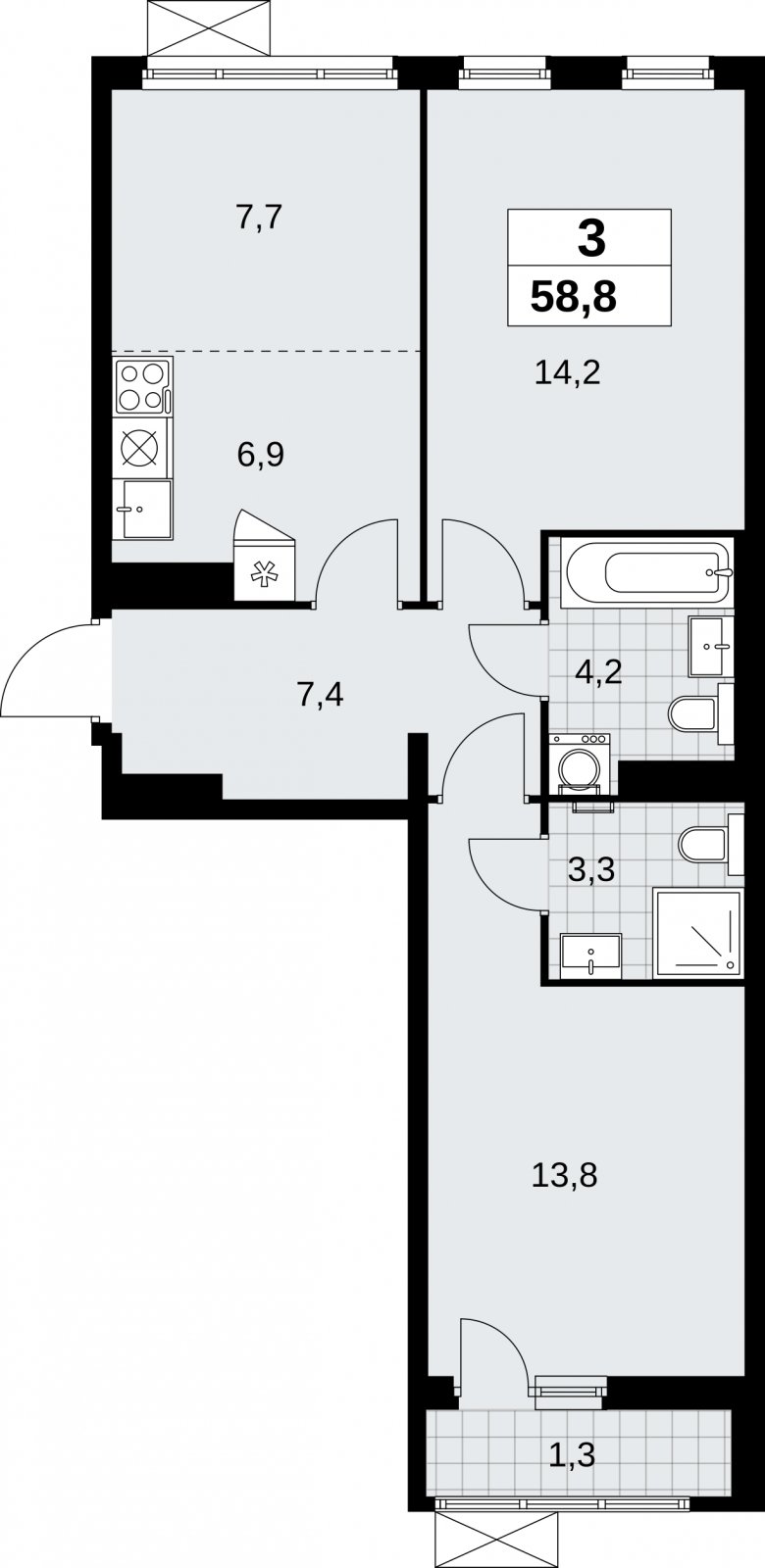 3-комнатная квартира (евро) с полной отделкой, 58.8 м2, 12 этаж, сдача 3 квартал 2026 г., ЖК Дзен-кварталы, корпус 6.1.3 - объявление 2327426 - фото №1
