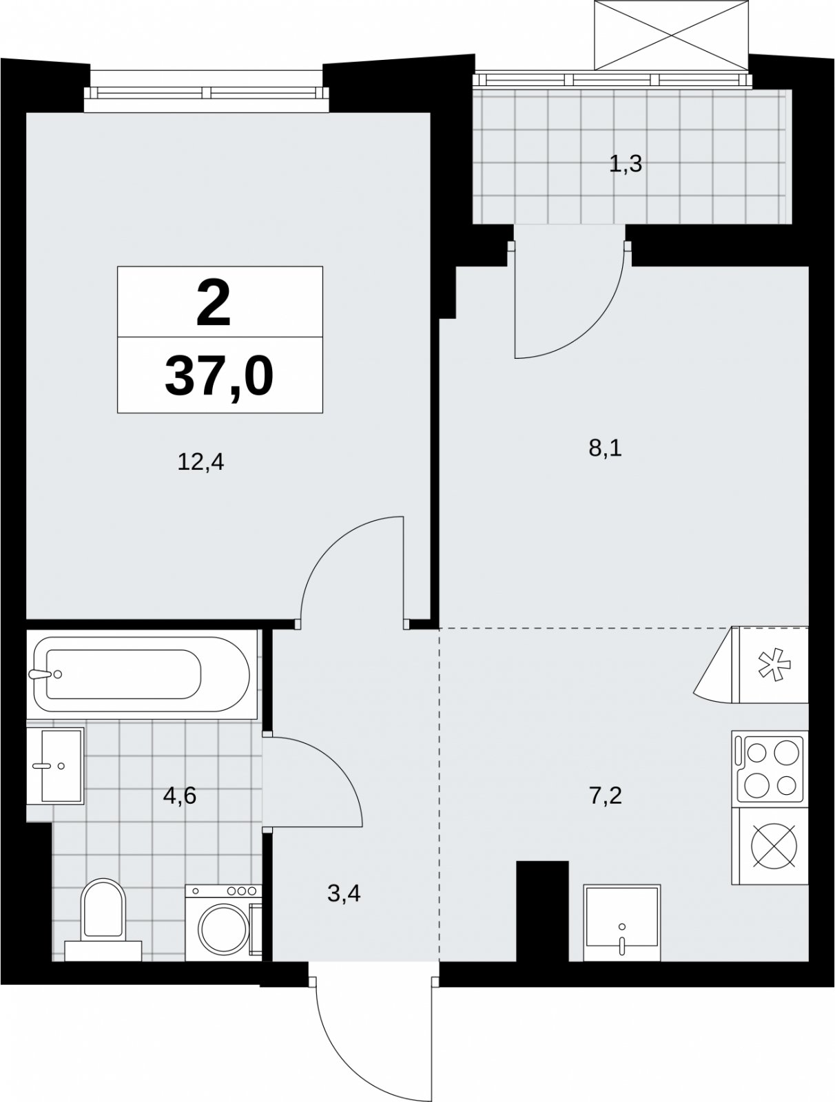 2-комнатная квартира (евро) без отделки, 37 м2, 8 этаж, сдача 1 квартал 2026 г., ЖК Дзен-кварталы, корпус 6.2.2 - объявление 2328681 - фото №1