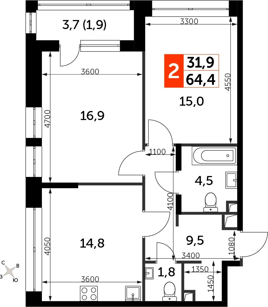 2-комнатная квартира с полной отделкой, 64.4 м2, 4 этаж, сдача 3 квартал 2024 г., ЖК Sydney City, корпус 2.1 - объявление 2207332 - фото №1