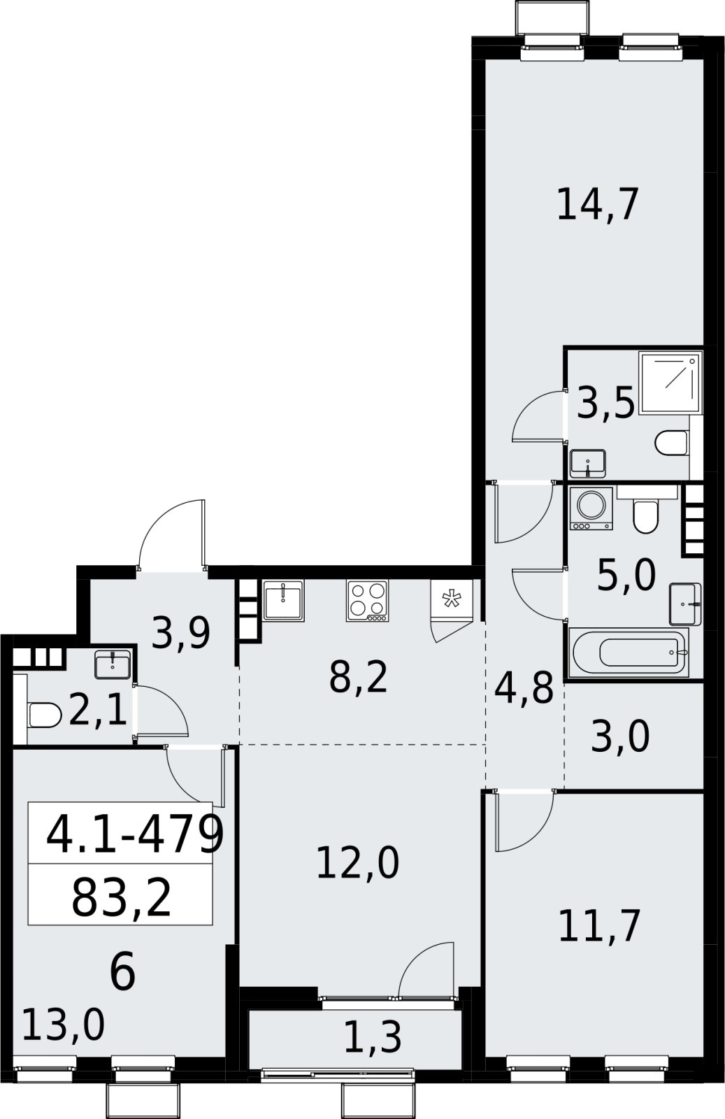 4-комнатная квартира (евро) с полной отделкой, 83.2 м2, 12 этаж, сдача 2 квартал 2027 г., ЖК Южные сады, корпус 4.1.2 - объявление 2392984 - фото №1